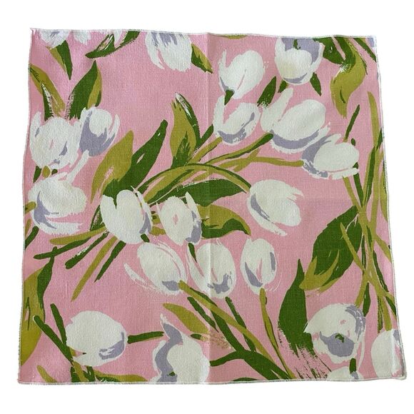 Lot of 4 Linen Napkins Pink Tulips Floral  Cloth 16" x 15.5" Dining Luncheon - Picture 2 of 4